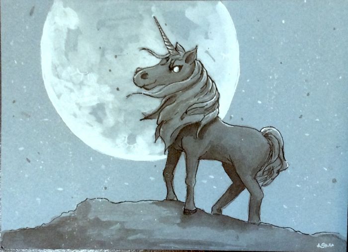 Black unicorn under a white full moon by Amy Sue Stirland